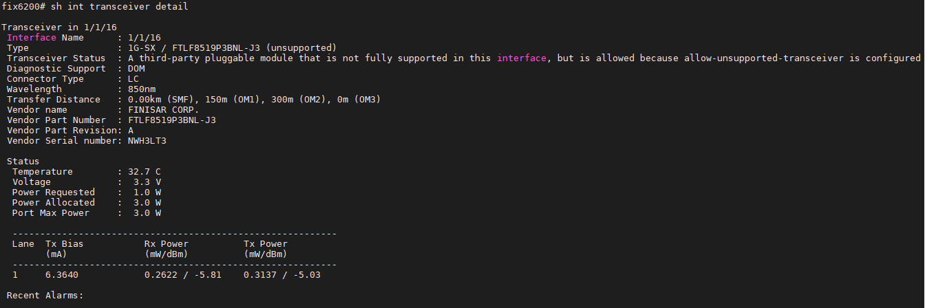Screenshot of CX 6200F with Junper transceiver installed - show interface transceiver detail